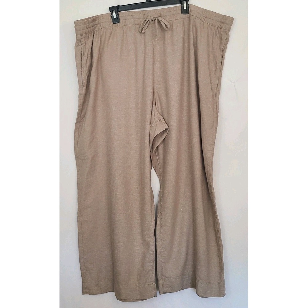 NWT Sonoma 3X Linen Blend Pull-On Pants High Rise Straight Leg Tan Relaxed Fit